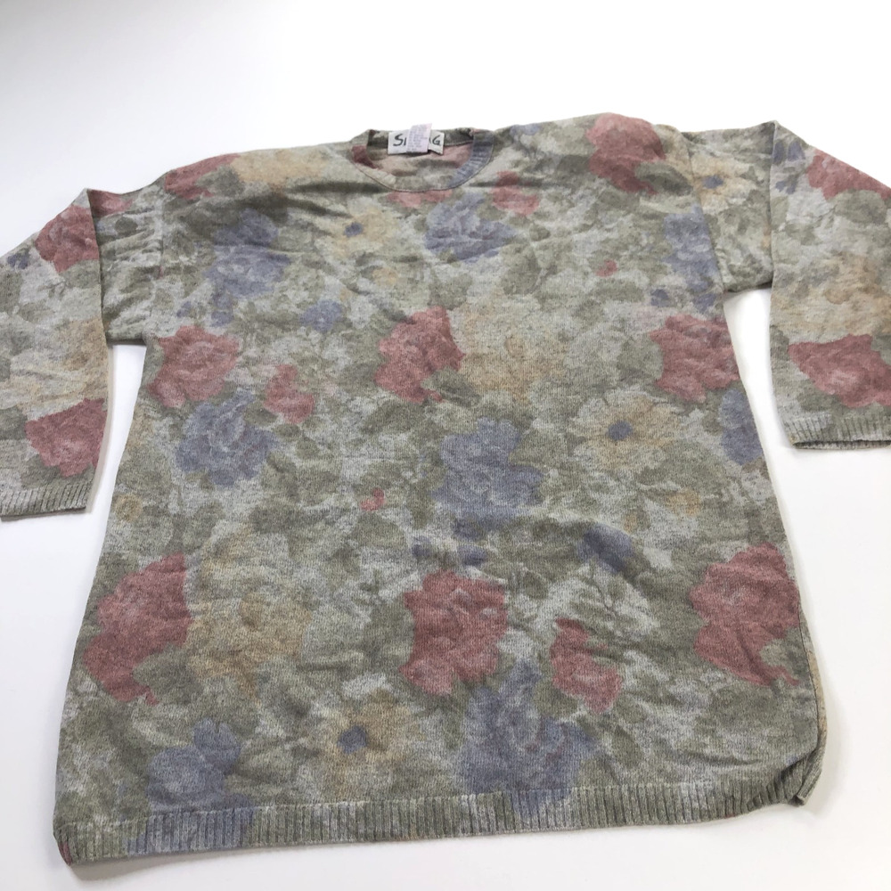 Silvana G Vintage Large Lambswool Ugly Sweater Crew Neck Pullover Floral